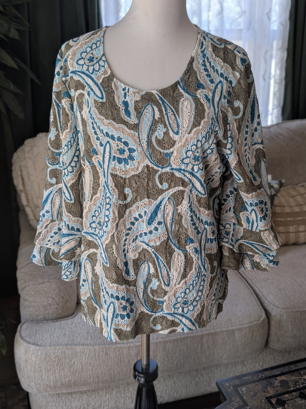 Chico's Paisley Scoop-Neck Tunic in Teal and Tan